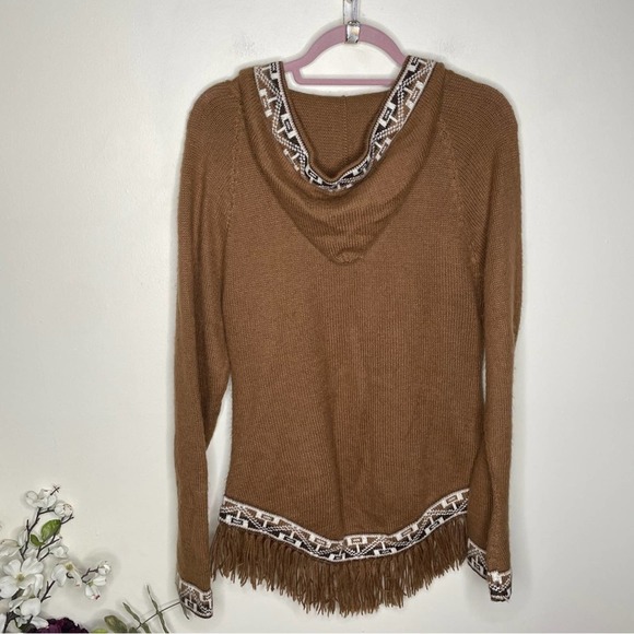 PEREZ Vintage Alpaca Hooded Sweater Aztec Trim Fringe Tan Camel {3D7} - Picture 4 of 4